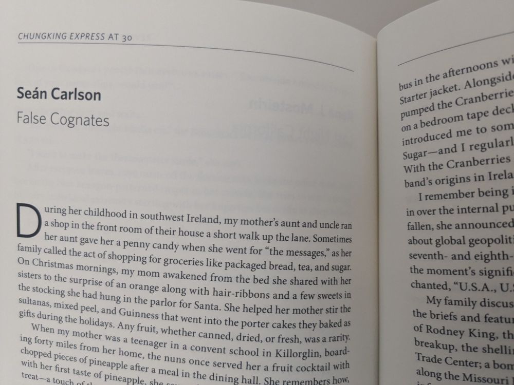 Snapshot of the opening pages of Seán Carlson's essay "False Cognates" in the Chungking Express at 30 folio in New England Review (45.4)