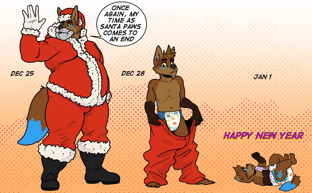 An anthropomorphic brown fox with blue markings starts as an old chubby Santa Paws on December 25th.  Then, in order to be ready for a new role on January 1st, he progressively loses age and strength as he regresses to a new Baby New Year. 