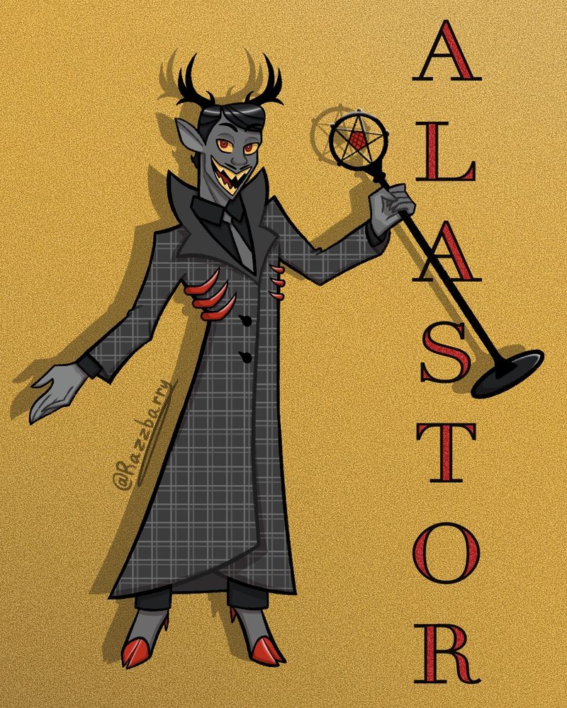 A redesign of Alastor from Hazbin Hotel. He has more obvious African American features, such as a wide nose and lighter colored palms. He sports a wide, yellow toothed smile, as well as deer ears and antlers. His skin is gray with black slicked hair, and a pencil mustache. Alastor wears an ankle length dark gray coat with a plaid pattern, paired with a lighter gray tie, a black button up and matching pants. Details include red cloven hooves, radio dial coat buttons, red rib bones that hug his lower chest, and a 1930’s style microphone staff. 