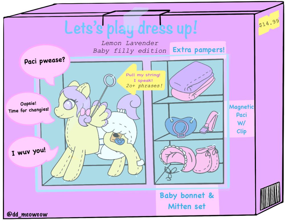 My pony oc Lemon lavender as a plush dress up doll in a lacender box. She comes with an extra set of pampers, a magnetic pacifier and clip, and a baby bonnet and mitten set.
An arrow points to her pull string, announcing that she speaks when it’s pulled. Phrases include: “paci pwease?” 
“Oopsie! Time for changies!” 
And “I wuv you!”