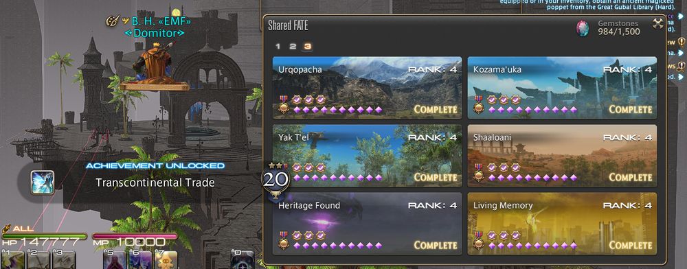 A Screenshot from Final Fantasy XIV, where Benjii Hartz'u has obtained the "Transcontinental Trade" Achievement, for reaching Rank 4 in the Shared FATE progress across all regions in Dawntrail.