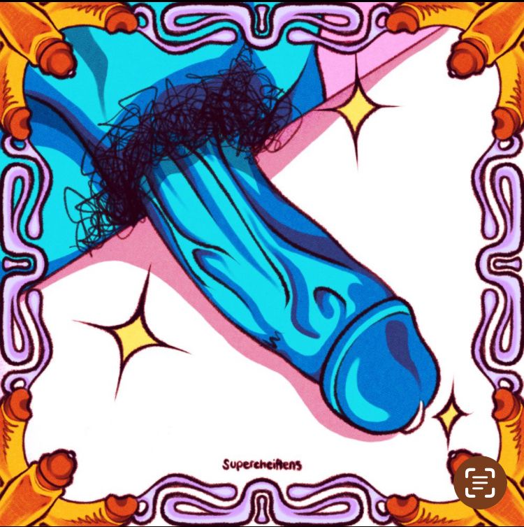 Man with his cock on a table surrounded by a boarder of jizzing cocks.