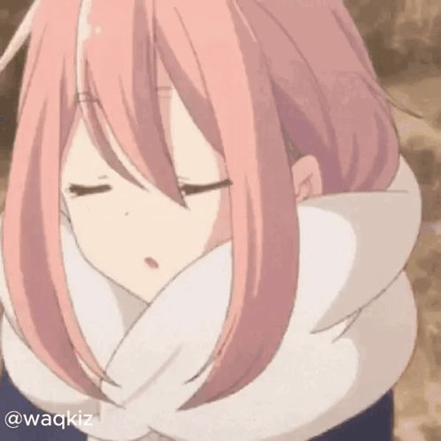 a girl with pink hair is wearing a white scarf and yawning