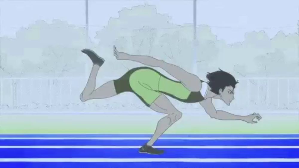 a cartoon of a man jumping over a blue track .