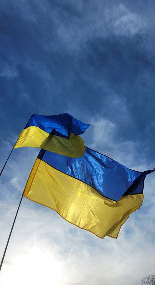 Drapeaux ukrainiens, avec ciel et le soleil en arrière plan.