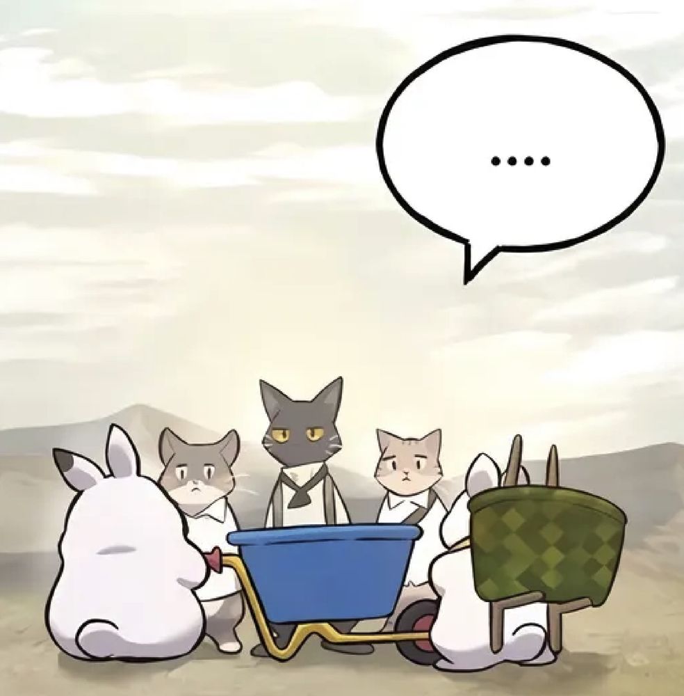 3 cats having a deadpan stare at 2 bunny's with a wheelbarrow 