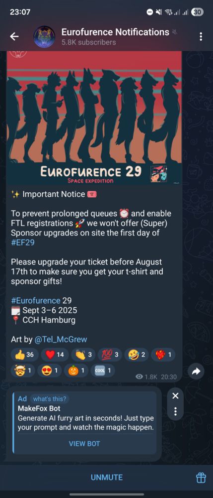 Eurofurence Telegram Notification Channel with an AI art bot ad
