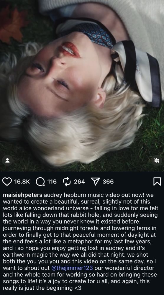 Maise Peters Instagram about her new Audrey Hepburn music video, referencing alice on wonderland, midnight forests, towering ferns and stepping into the daylight