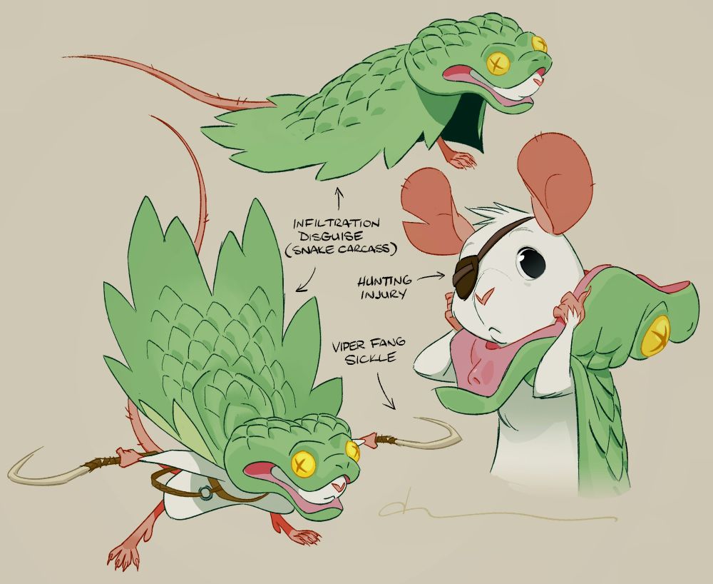 A white mouse, cloaked in a bush viper carcass to disguise themself as their quarry. Green serpentine leather drapes over their body and a viper head worn as a cowl conceals their identity to the best this crude disguise allows. Upon bursting open the cape, two sickles flash from their sides; they bear an uncanny resemblance to basilisk fangs. When this dual wielding ranger pulls back their macabre hood, we see an adorable rodent's face with large pink ears and heart shaped nose. The handsome huntsman does have a few battlescars from previous encounters with their sworn enemy; a scarred gash on their right ear with an eyepatch to follow on the same side tells a lucky story of survival against a serpent that got away.