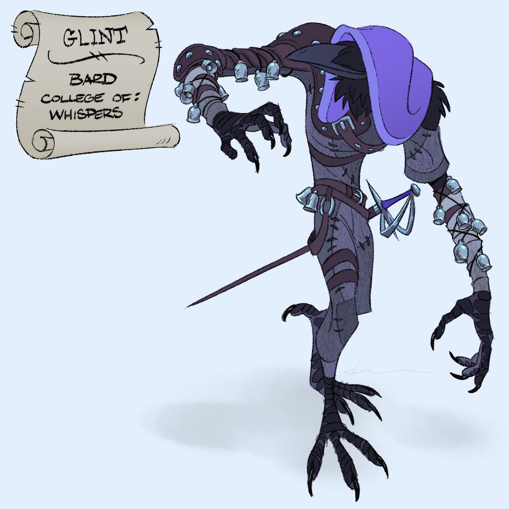 A Kenku (Raven-like Humanoid) dressed in patchy clothes and studded leathers lurking forward suspiciously. His facial features cloaked by a hood, all except for the long, obsidian beak that shoots a mischievous smirk. Strings of silver bells (Tocken) dangle from his long, lanky arms while a rapier rests up on his hip. He wants more shinies.