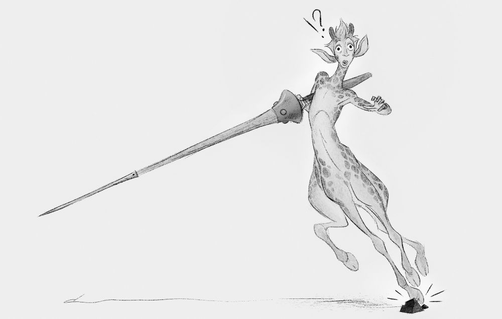 An adolescent centaur with very lanky, giraffe-like appearance charges forth while armed with a lance. He is tripping over a rock, stumbling forward with a shocked and dumbfounded expression.