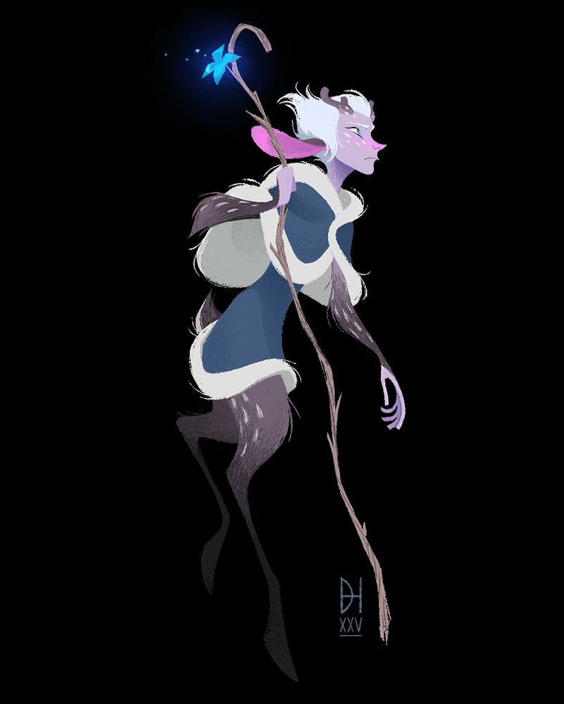 Hand drawn art of a small satyr baring resemblance to a chital (spotted deer) ventures forth with a wooden staff in hand. The androgynous looking fawn's delicate frame is draped in felts of faded azure which are lined with thick white furs. Their speckled complexion is icy pale, cheeks and nose rosy from freezing temperatures. A cold wind ripples through their rimed, silvery white hair which frames two short horns revealing their adolescence. Melancholic expression washes over the young winter pilgrim's face while a single blue flower (fey in origin) blooms from their kinked and twisted staff; glowing in dim arcane bioluminescence.