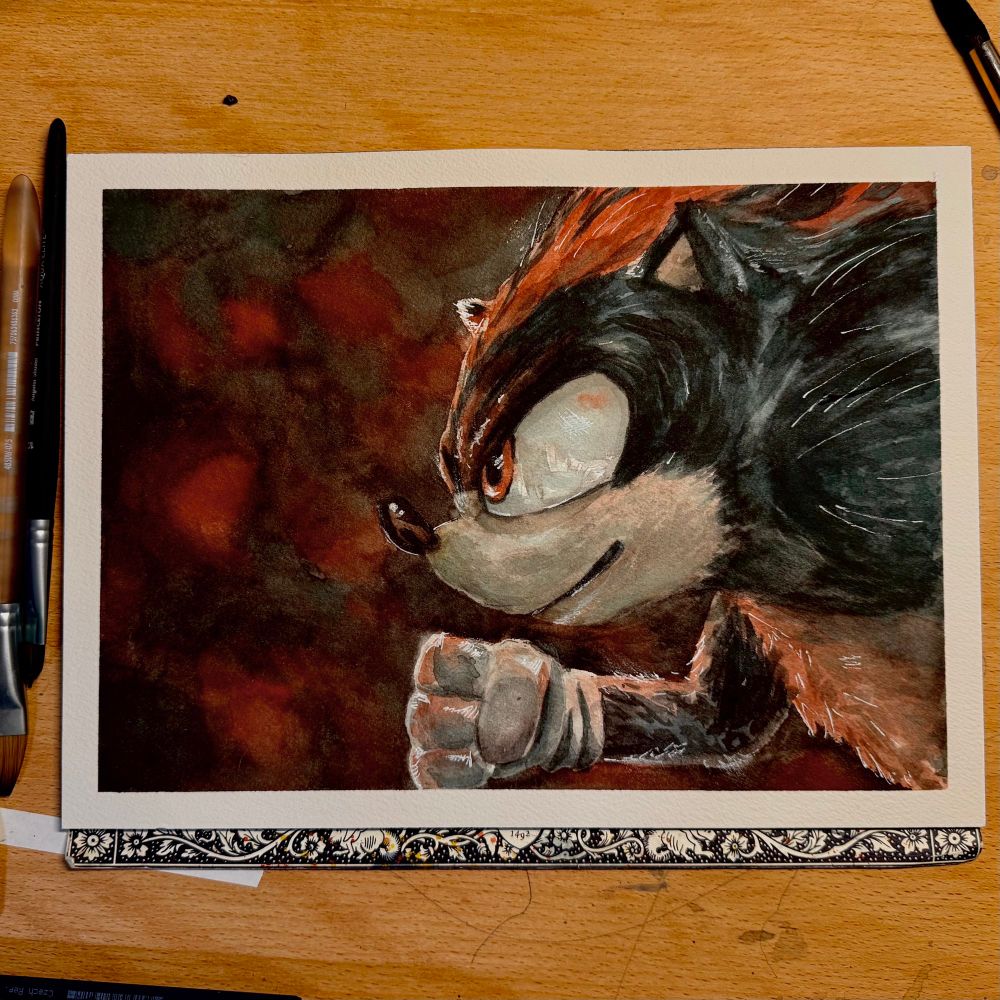 Watercolor painting of Shadow the Hedgehog. 
