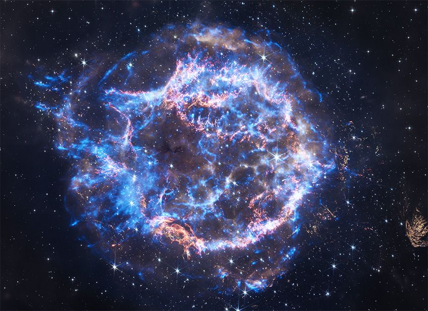 Composite image of Cassiopeia A supernova remnant showing X-ray and infrared data. Credit: X-ray: NASA/CXC/SAO; Infrared: NASA/ESA/CSA/STScI/D. Milisavljevic (Purdue Univ.), I. De Looze (UGent), T. Temim (Princeton Univ.); Image Processing: NASA/CXC/SAO/J. Major, J. Schmidt and K. Arcand