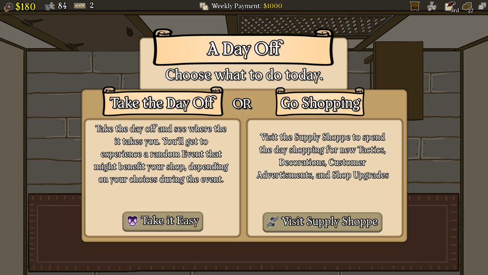 A screenshot of raccoons to riches. The UI for choosing what to do for the day is shown.