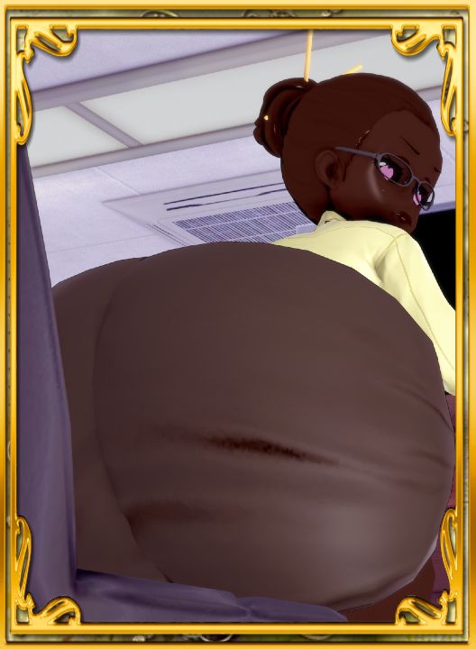 chocolate executive lady Ambrosia Coco about to flatten an unseen tiny under her thick chocolate cake