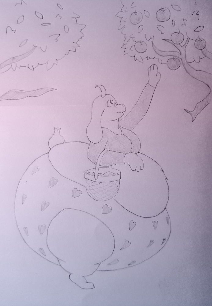 Toriel with a large monorump on her toes reaching up to a tree, picking apples from it as she puts them in a basket held in the crook of her elbow. She's wearing round glasses on her snout, a blouse and underwear with a heart pattern.