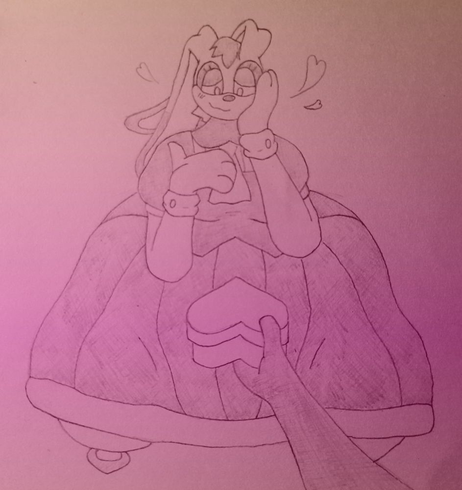 Vanilla the Rabbit with a large monorump, looking down at a heart-shaped box that's being offered to her by the viewer.

Her expression is bashful, yet appreciative, with three hearts floating beside her head. She has one paw over her chest, and another on her cheek.