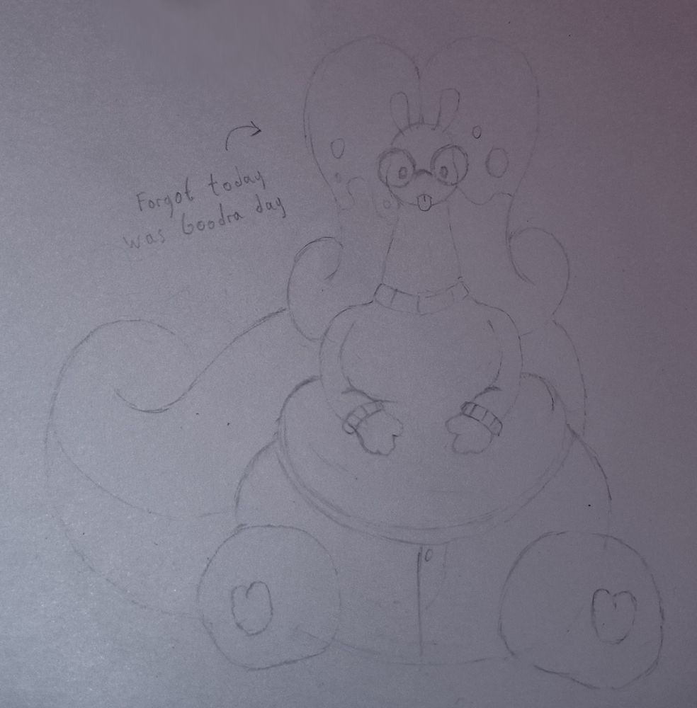The poster's pokésona, a Goodra with round glasses, jean-like pants and a sweater. It has a hyper-pear figure and the lower half of its monobutt is tucked into its pants. It sports a absent-minded expression with its tongue out, and an arrow with the text "Forgot today was Goodra day" points towards their head from the left.