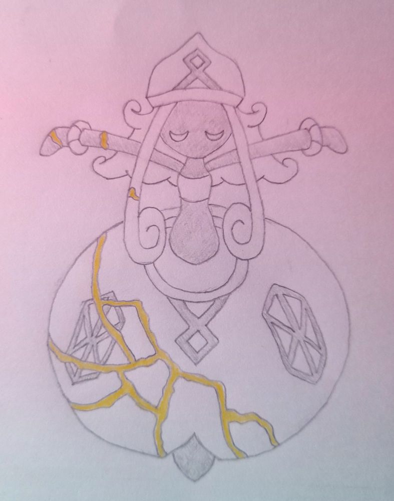 A faceless ceramic figure of Tapu Lele with a large monorump, facing the camera with its arms open towards the sky. The figure seems to have shattered in a few places at some point in time, though it has been pieced back together using gold.