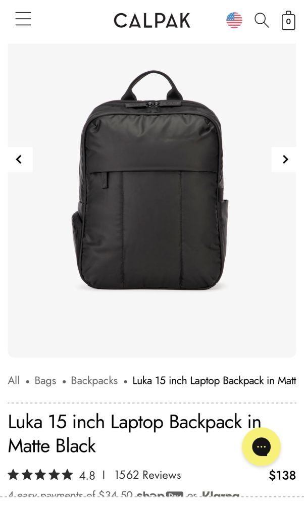 Screenshot of the sales page of a backpack from CalPak 