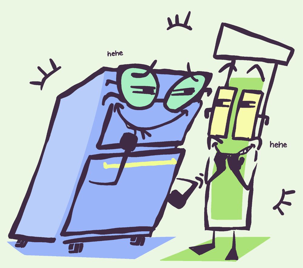 A drawing of Cabby and Test Tube. They look at each other while they suppress laughter. Cabby elbows Test Tube, and Test Tube has her own fingers at her mouth.