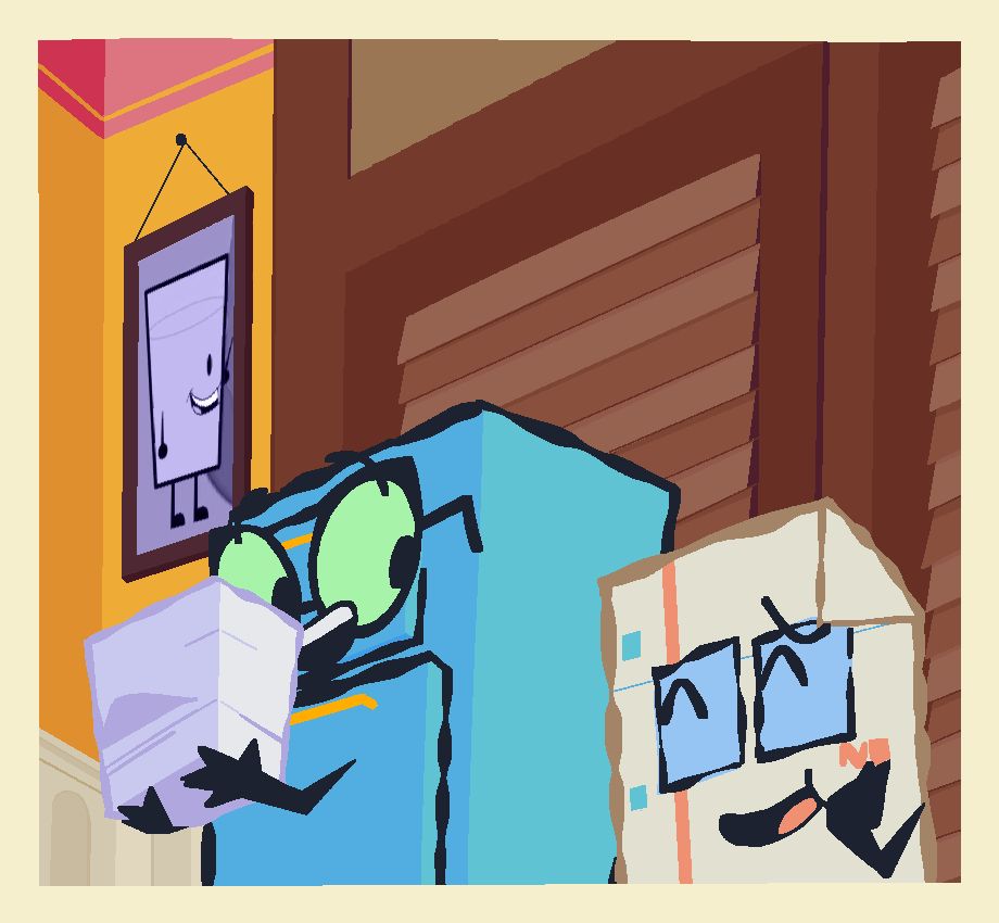 A drawing of Cabby and Paper from Inanimate Insanity. Cabby is holding a stack of papers and Paper is holding his hand up to his cheek bashfully. They both seem to be conversing.