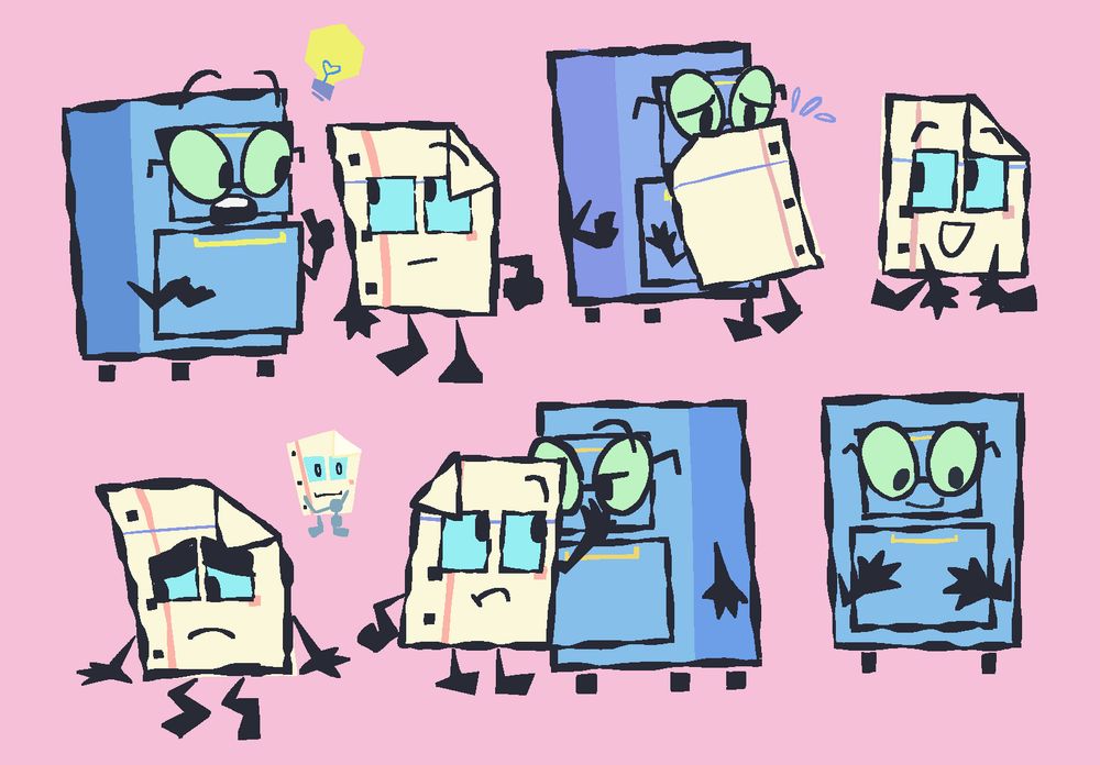 Several drawings of Paper and Cabby from Inanimate Insanity interacting.