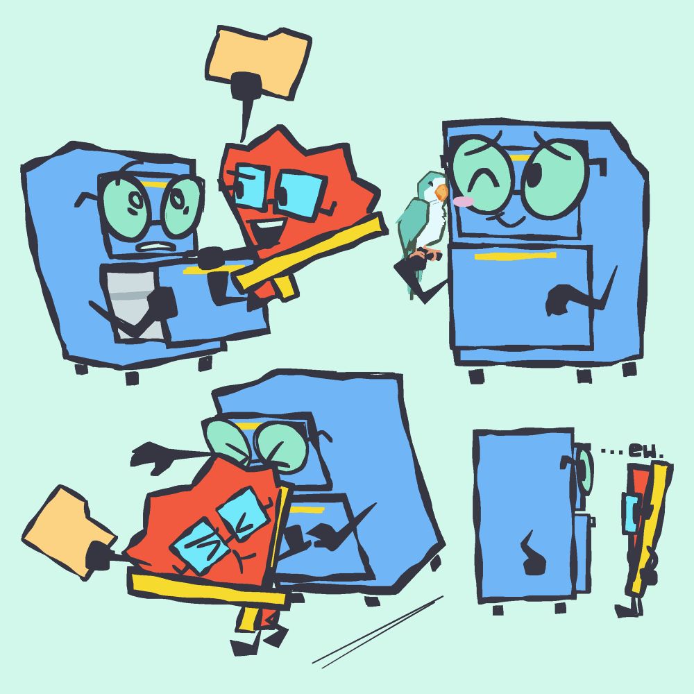 Several drawings of Cabby and Fan from Inanimate Insanity.