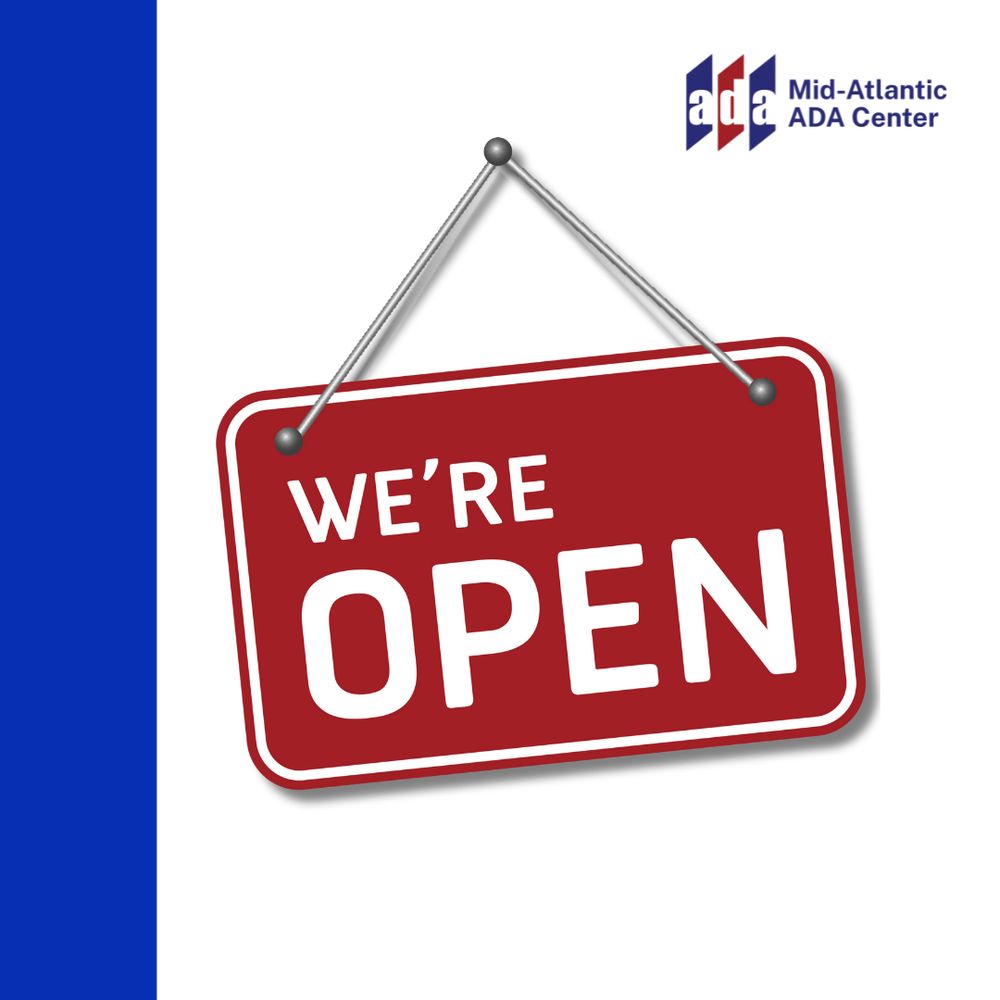 Image shows a red hanging sign with white text saying "WE'RE OPEN" against a white background. The left side features a vertical blue stripe with the logo of Mid-Atlantic ADA Center at the top right.
