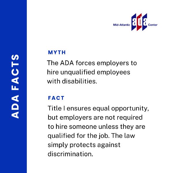 Graphic titled "ADA Facts" from the Mid-Atlantic ADA Center. The image presents a myth and fact side by side. The myth reads: "The ADA forces employers to hire unqualified employees with disabilities." The fact clarifies: "Title I ensures equal opportunity, but employers are not required to hire someone unless they are qualified for the job. The law simply protects against discrimination."
