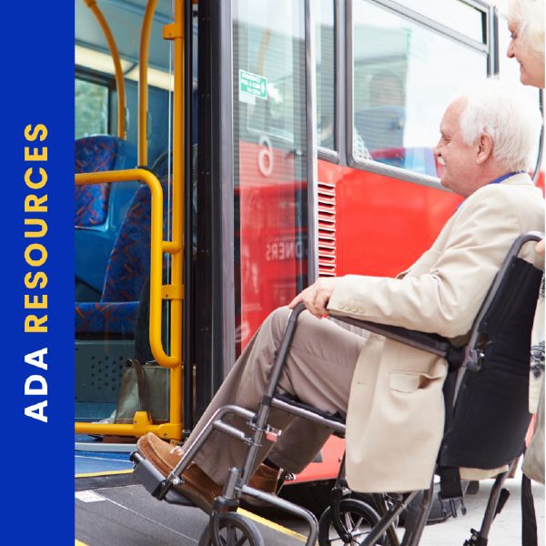 A man in a wheelchair using a ramp to board a red city bus, assisted by a standing woman. The left side of the image includes a blue vertical banner with yellow text that reads "ADA RESOURCES."
