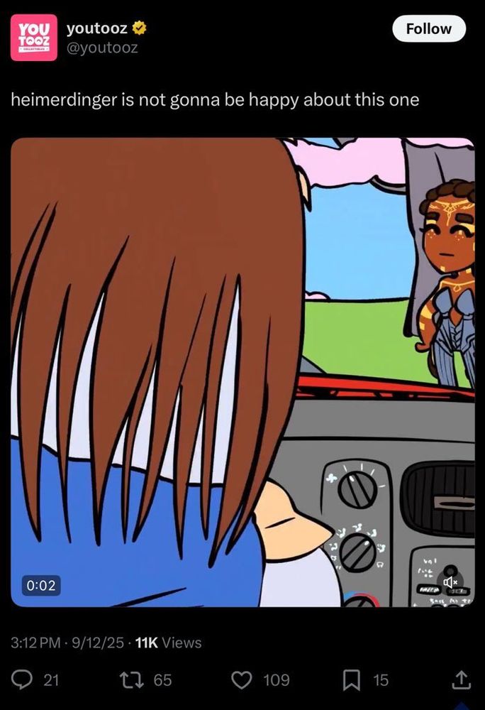 Screenshot from the youtooz twitter account, showing Viktor from Arcane driving a car to run over Mel.