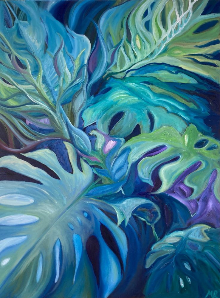Blue, green and purple monstera plants. Impressionism 