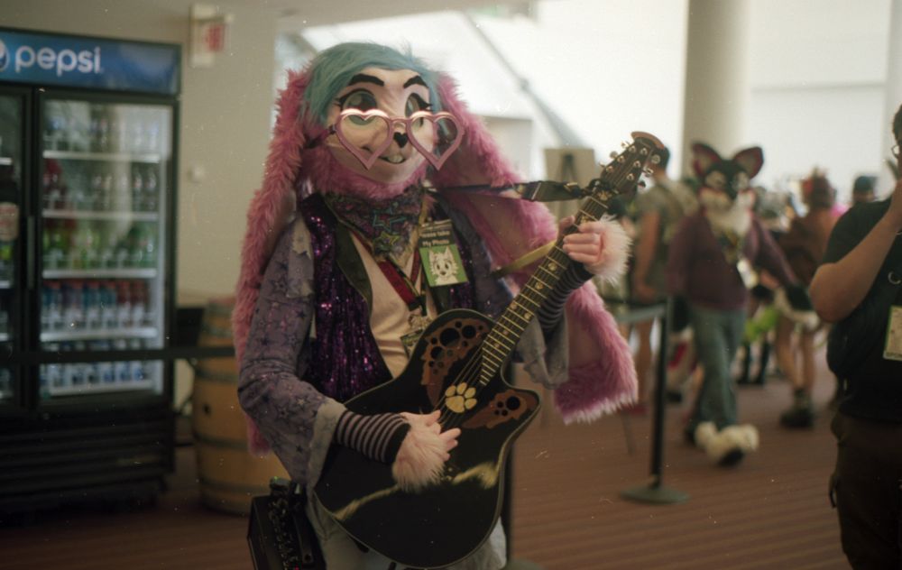 Kevin Universe in cotton candy rabbit fursuit, playing guitar