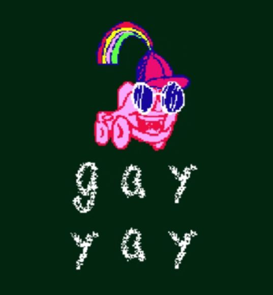 Drawing made with stamps and letters from the Freddi Fish 2 game, portraying the character putt-putt with glasses, a hat and a rainbow, with the text "gay yay"
