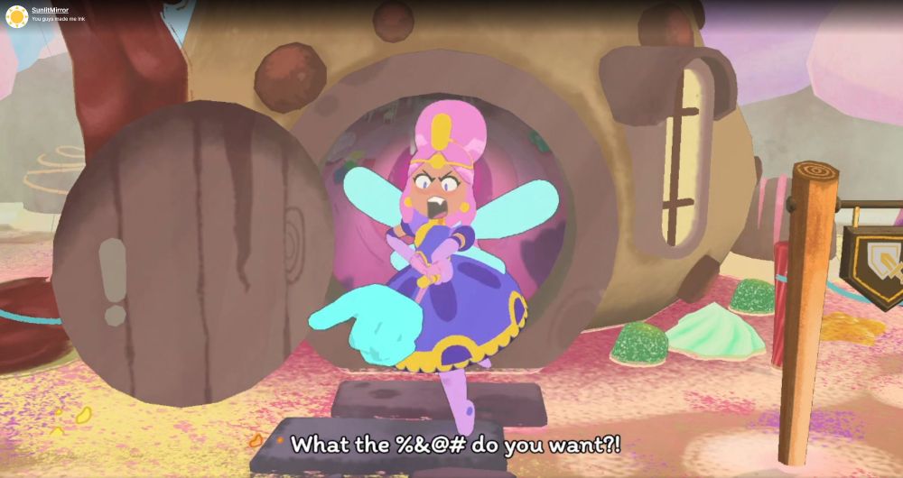 Traff from InkInside the new Indie game pointing and bleeped out swearing, in a still streamed by SunlitMirror on Twitch