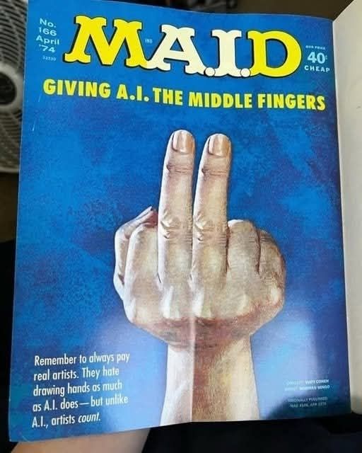 Mad magazine cover with 2 middle fingers as if it were drawn by an AI image generator 