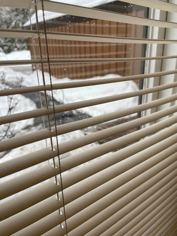 View through mini blinds onto snowy front walkway. 