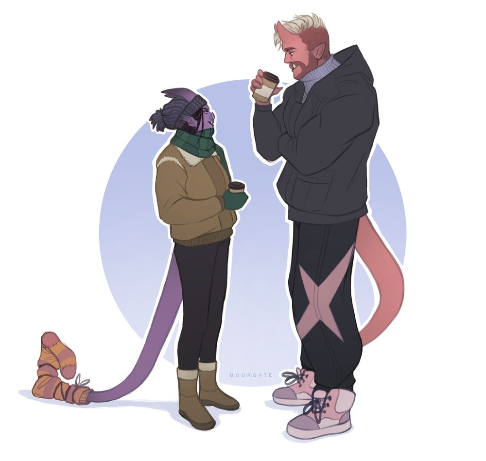 two smiling demon-like characters, the one on the left purple-ish female and the other taller pink male, facing each other and having coffee in very simplified background implying a cold environment.