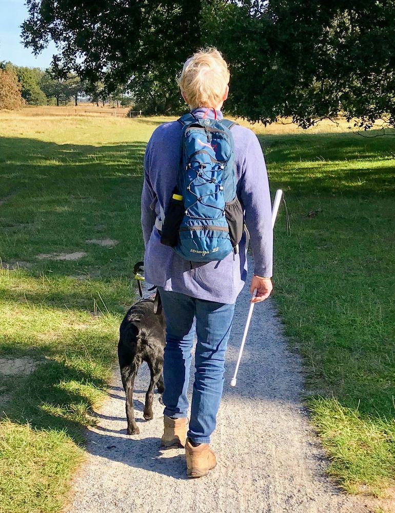 Een vrouw met kort blond haar loopt over een pad in een groene omgeving. Ze draagt een blauwe rugzak en heeft  een witte stok in haar rechterhand. Naast haar loopt een zwarte geleidehond. De vrouw draagt een blauwe trui, een spijkerbroek en bruine wandelschoenen. Het pad loopt door een grasveld met bomen aan de zijkant. De zon schijnt, wat zorgt voor schaduwen op het pad. De hond lijkt een blindengeleidehond te zijn. 
