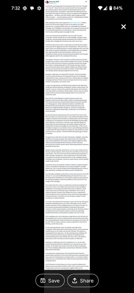 An impossibly long tweet sent by Bill Ackman yesterday. The aspect ratio is much narrower than my phone screen. I don't think reading it would benefit anyone, but it is all to the effect that moderates should rally behind Eric Adams as their guy to take on Mamdani. Good luck with that plan! 