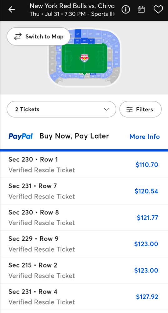 Cheapest tickets available on Ticketmaster for New York Red Bulls - Chivas on 7/31, starting at $110 (including fees) 