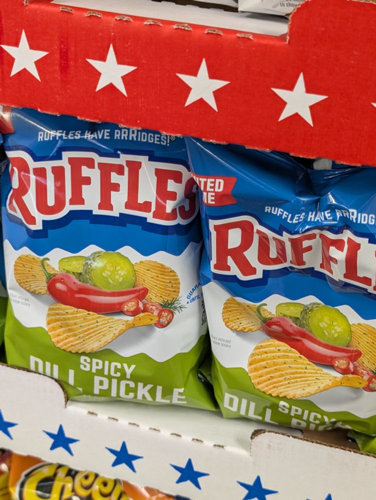 Just a few feet away, more signs of a growing pickle conspiracy: Spicy Dill Pickle flavored Ruffles