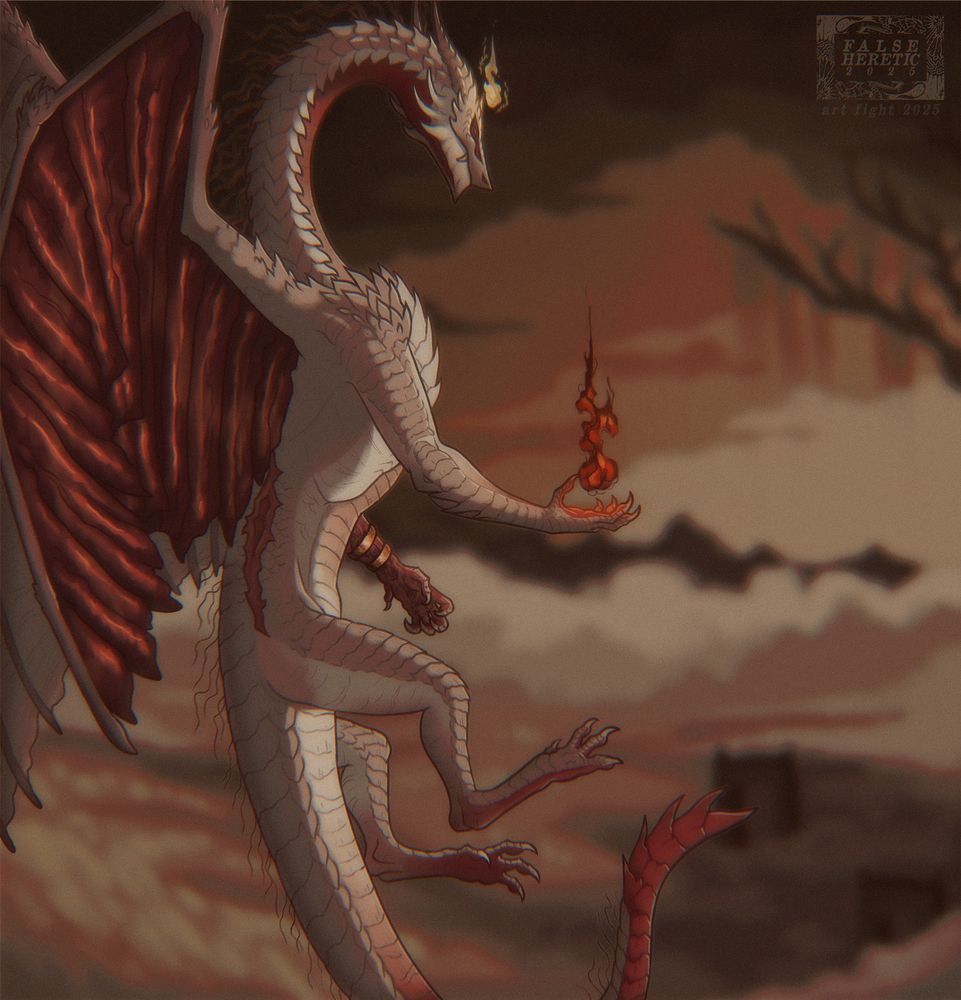 a white and red ancient dragon based on the game Elden Ring, hovering in air with a red/orange/black fire resting above its hand