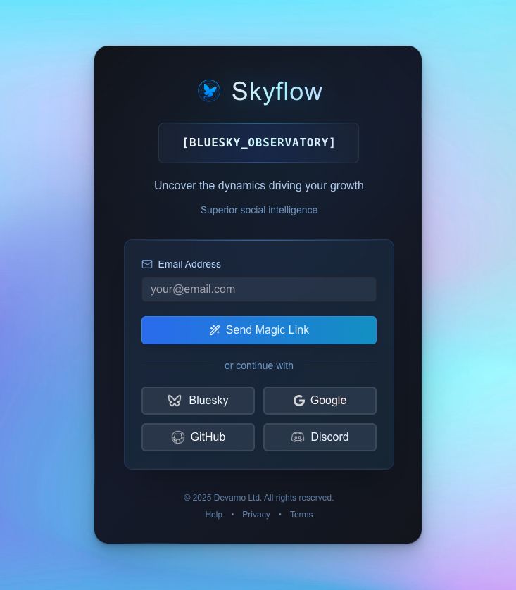 Screenshot of the updated Skyflow login page featuring multiple login options including Magic Link, Bluesky, Google, GitHub, and Discord OAuth, offering a more modern and flexible authentication experience.