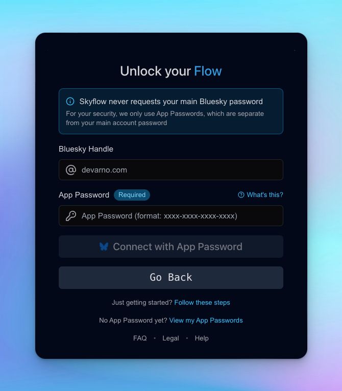 Screenshot of the old Skyflow login page showing only two fields: handle and app password, with no alternative login options.