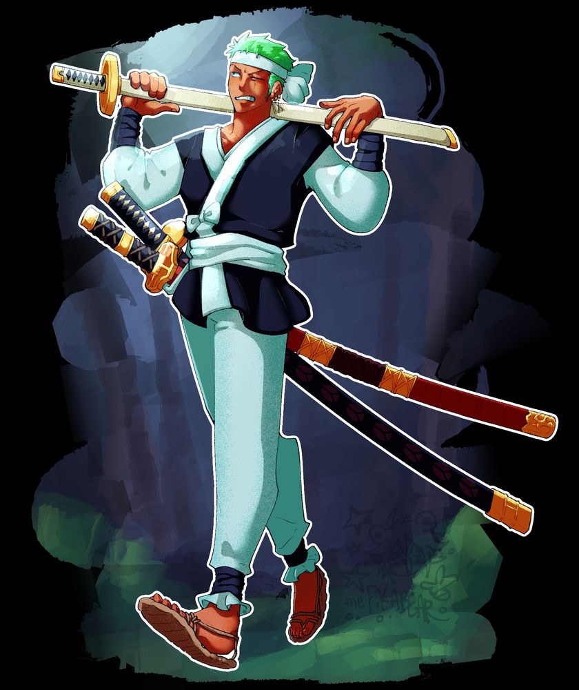 Zoro in a traditional common hanbok as he wanders a forest. He rests his arms against Wado Ichimonji as he looks annoyed at his surroundings