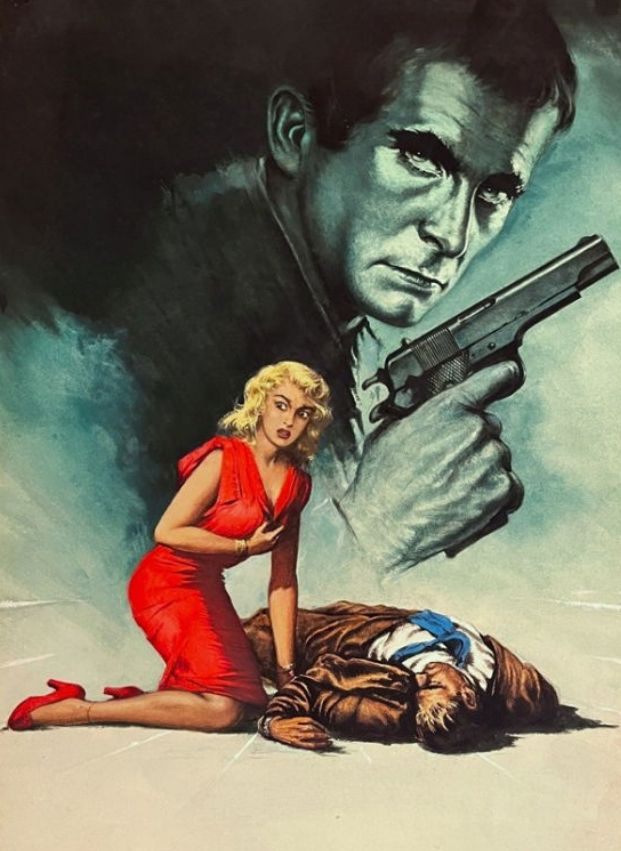 A blonde woman in a red dress kneels beside the body of a man, in front of the image of a man holding a gun.
