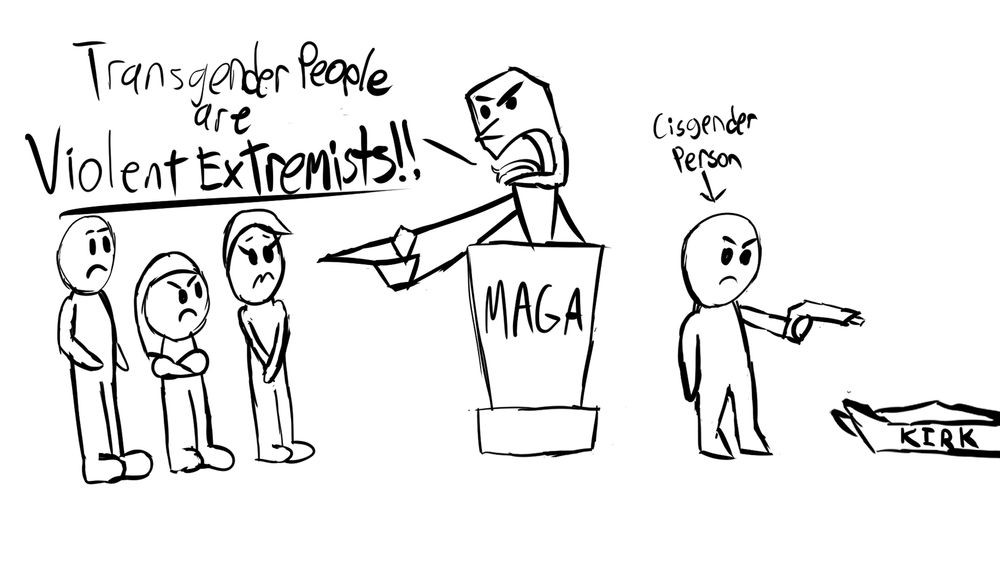 A political cartoon depicting a MAGA spokesperson accusing transgender people of being violent extremists, while also also depicting Charlie Kirk's assassin, who is cisgender.